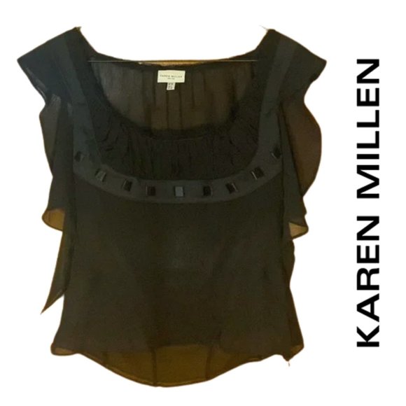 Karen Millen Tops - Karen Millen Blouse Sheer Butterfly Sleeve Satin Ribbon ruched opaque bust 6